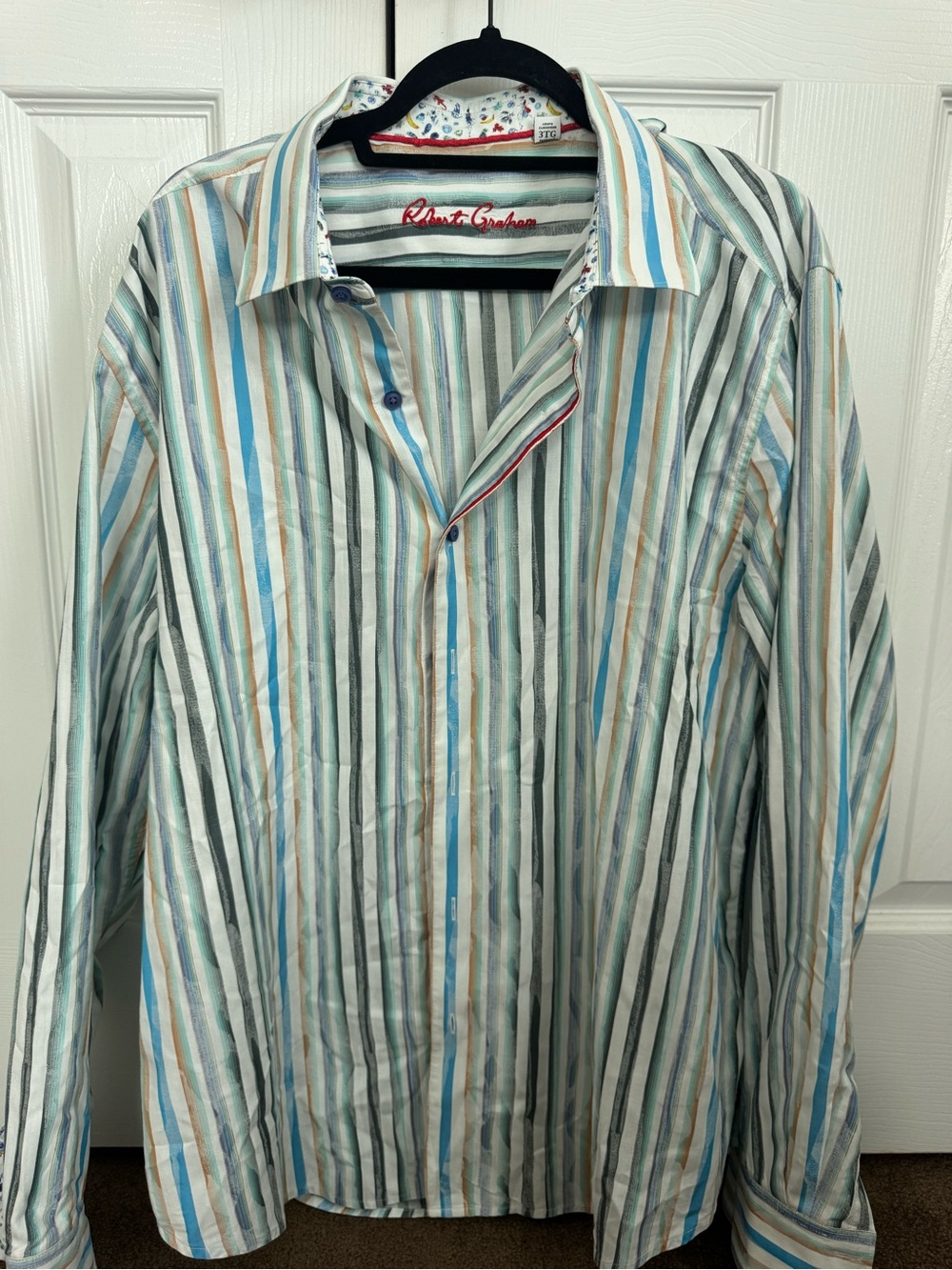 Robert Graham Striped Button-Up Shirt in Blue, Tan, Gray & Cream